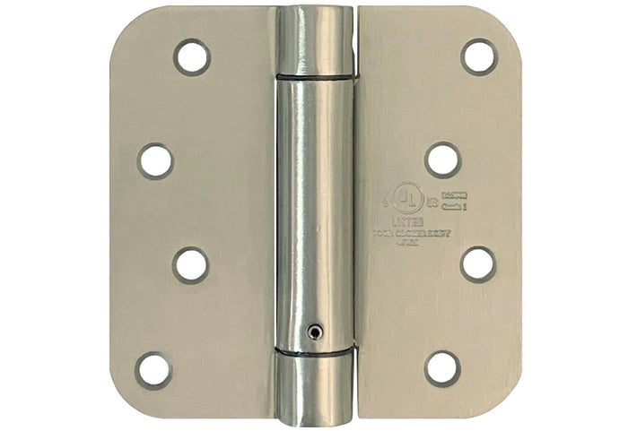 A satin nickel finish heavy duty spring door hinge with 5/8 inch radius corners and a silver appearance.