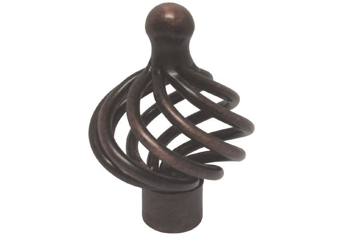 An oil rubbed bronze cabinet knob with a birdcage design.