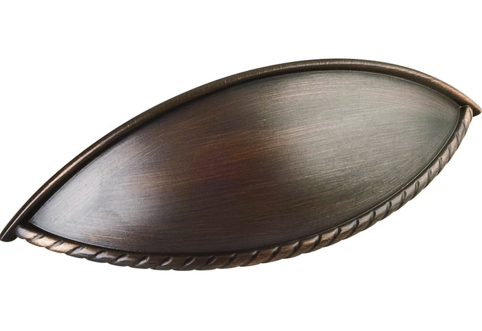 An oil rubbed bronze cabinet pull with a solid metal construction, in a teardrop shape, with visible ridges along the edge.
