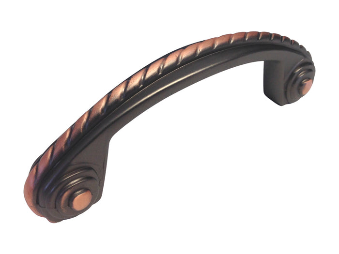 An oil rubbed bronze cabinet pull with a rope-like design, approximately 3 inches in length.