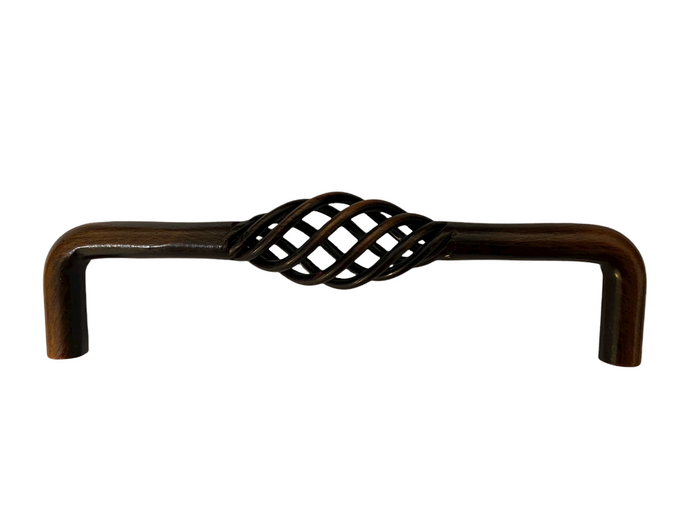 A 5-inch metal cabinet pull with an oil rubbed bronze finish, featuring a birdcage design.