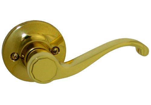 Polished brass finished dummy door lever handle on a round rose mount.