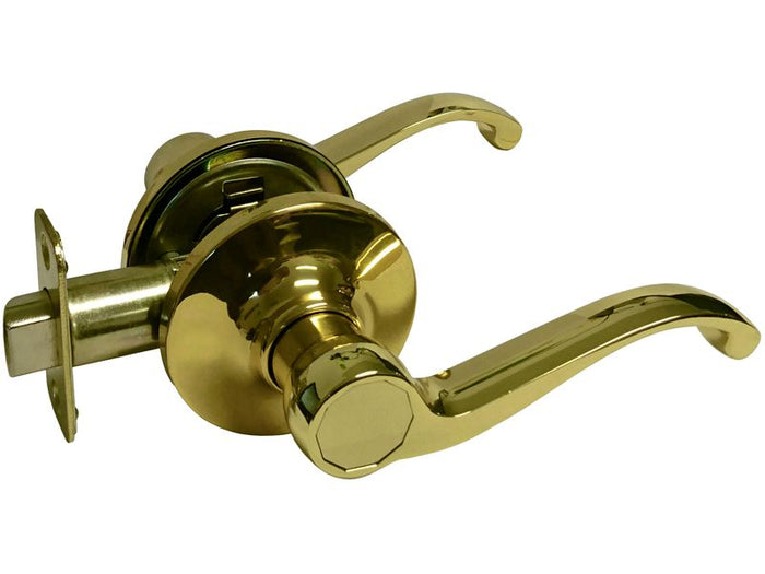 Polished brass passage door handle with lever on a square rose plate.