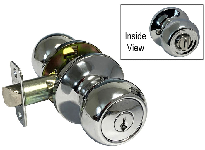 Polished chrome round door knob with a keyhole, shown with an inset image of the inside view of the knob.
