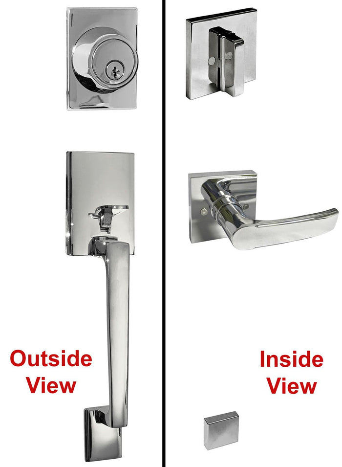 Polished chrome front door handleset with a single cylinder deadbolt and lever handle, shown from outside and inside views.