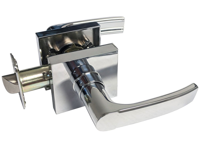 Polished chrome square passage door handle with a lever and a square rose plate.