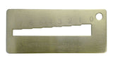 A Kwikset metal key gauge decoder with numerical markings and a slot for inserting a key.