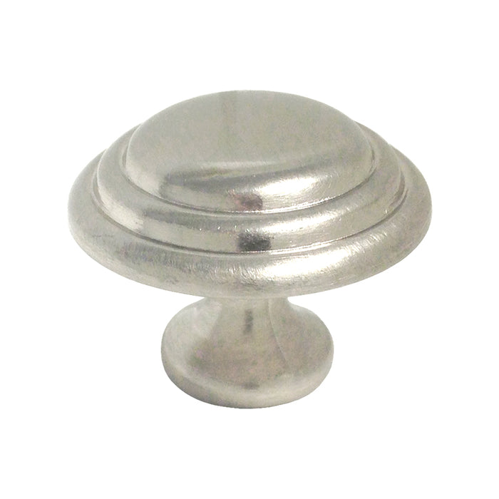 A silver satin nickel two ring cabinet knob.