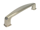 A satin nickel kitchen cabinet pull handle.