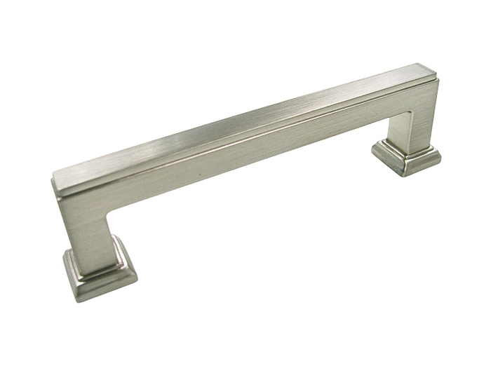 A satin nickel square bar kitchen cabinet pull.