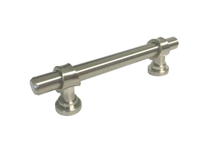 A satin nickel cabinet hardware pull, featuring a bar design, mounted on a white background.