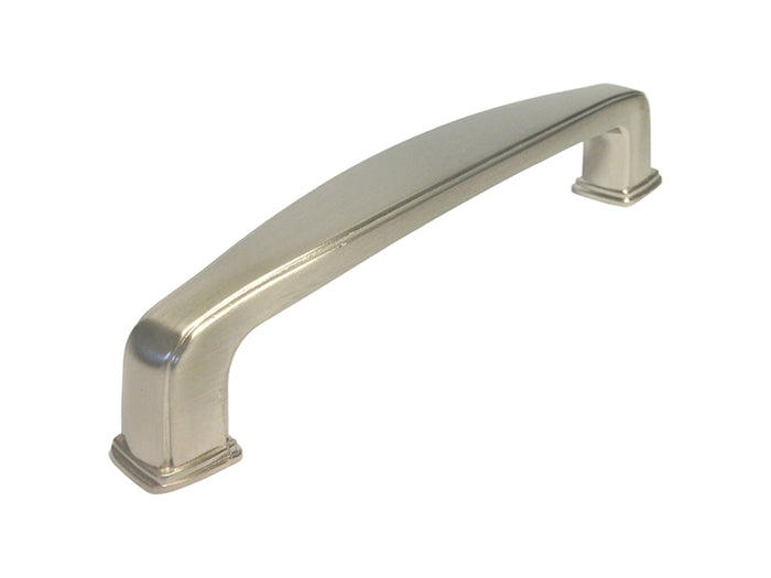 A satin nickel kitchen cabinet pull handle.