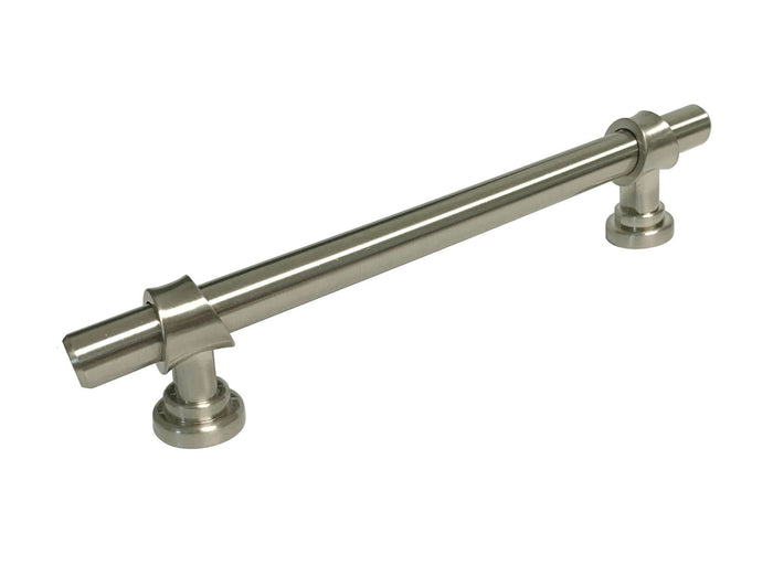 A satin nickel kitchen cupboard drawer pull handle.