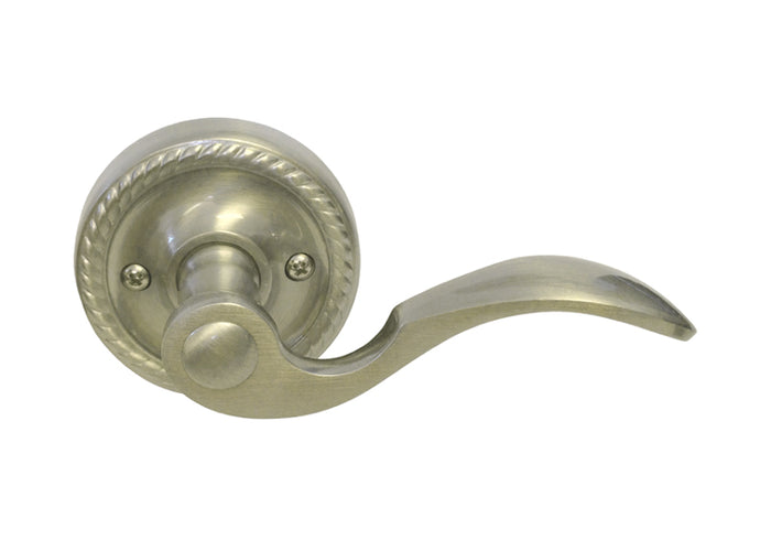 Satin nickel dummy door handle with a decorative central knob and a keyhole on a white background.