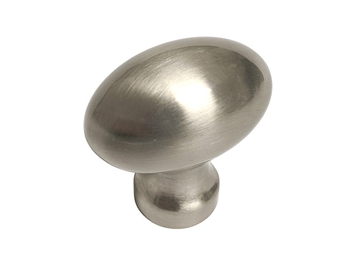 A satin nickel oval cabinet knob.