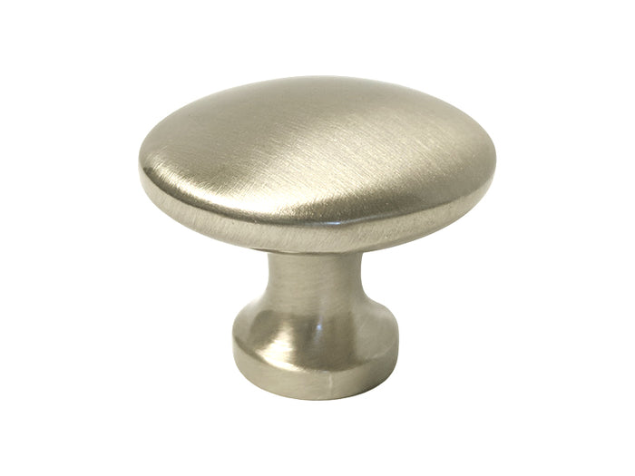 A silver satin nickel round knob for cabinet hardware.