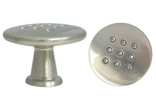 A satin nickel round knob for cabinet hardware, showing both the front and side views.