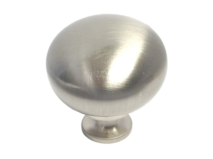 A satin nickel round knob for cabinet hardware, showing a brushed metal finish with a circular shape.