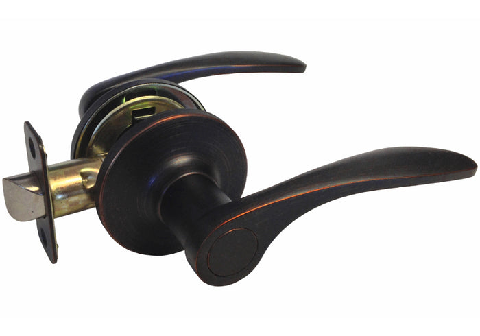 Dark Oil Rubbed Bronze passage door handle lever on a round rose mounted on a door.