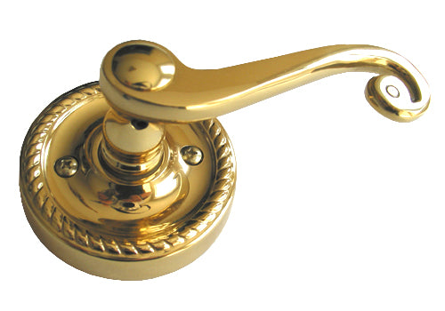 Polished brass door lever with a round rose base, isolated on a white background.