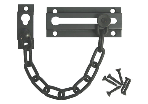 An oil rubbed bronze finished security door chain with mounting screws.