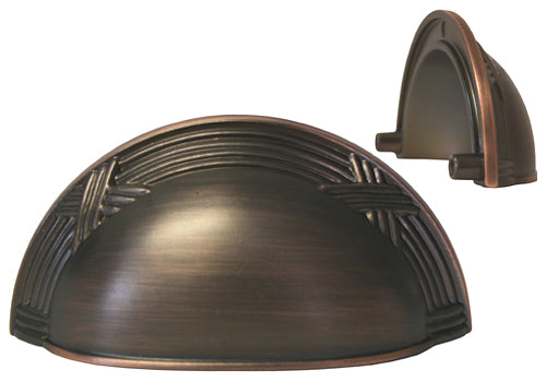 Oil rubbed bronze ribbon and reed cup cabinet pull.