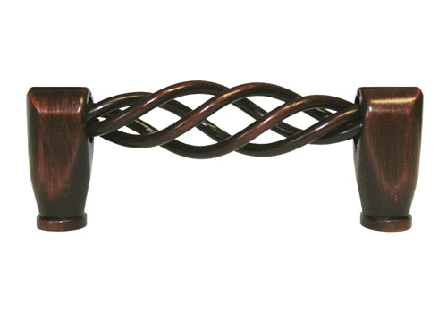 Oil rubbed bronze metal cabinet pull in a birdcage design.