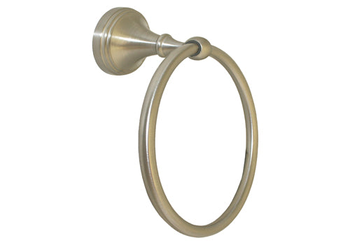 A satin nickel towel ring mounted on a wall, with a reflective metallic finish.