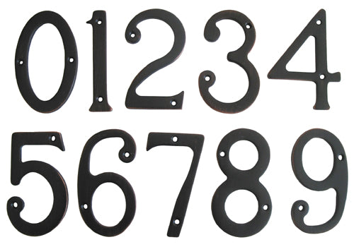 A set of metal house numbers in oil rubbed bronze finish, displaying the digits 0 through 9.