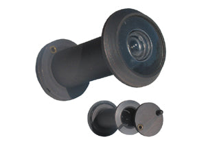 An oil rubbed bronze finished door viewer, consisting of a cylindrical brass body and two smaller brass caps.